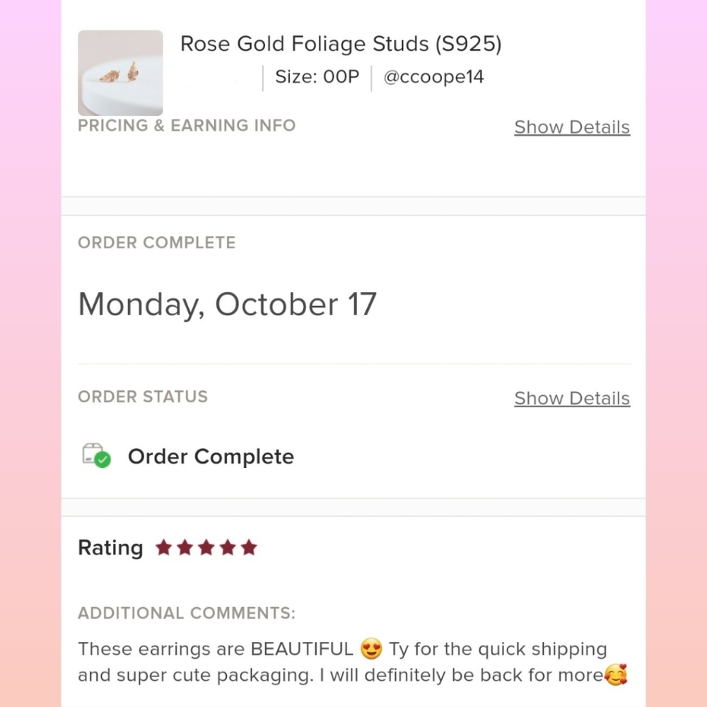 Rose Gold Foliage Studs (S925) - Only 1 left! - Picture 9 of 11